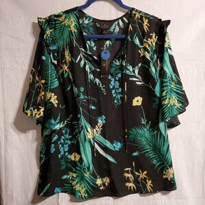 NWT Worthington Women's Pullover Blouse XL Blk Teal Floral 100% Polyester (WC86)